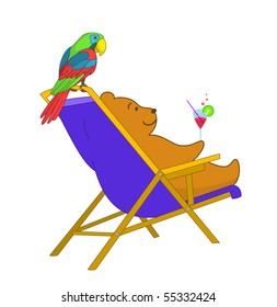 The teddy-bear has a rest on a beach, sitting in a chaise lounge and drinks a cocktail, its friend a parrot there and then sits