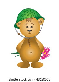 Teddy-bear in a helmet with a bouquet. Picture to Valentine's day