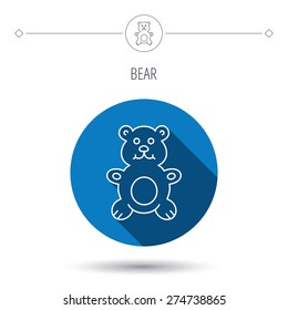 Teddy-bear icon. Baby toy sign. Plush animal symbol. Blue flat circle button. Linear icon with shadow. Vector