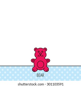 Teddy-bear icon. Baby toy sign. Plush animal symbol. Circles seamless pattern. Background with red icon. Vector