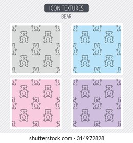 Teddy-bear Icon. Baby Toy Sign. Plush Animal Symbol. Diagonal Lines Texture. Seamless Patterns Set. Vector