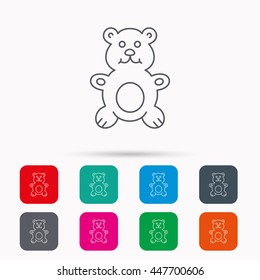 Teddy-bear icon. Baby toy sign. Plush animal symbol. Linear icons in squares on white background. Flat web symbols. Vector