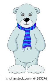 Teddy-bear in scarf standing and smiling. Children's toy, isolated