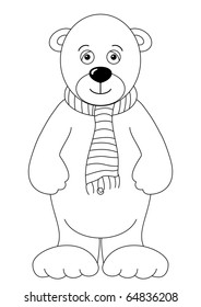 Teddy-bear in scarf standing and smiling. Children's toy, isolated, contours