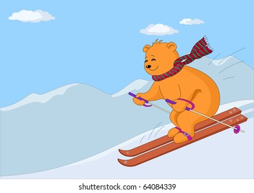 Teddy-bear slides on skis from hill against a mountain landscape