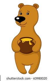 Teddy-bear stands holding in paws a honey pot. Isolated