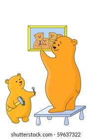 Teddy-bears: father and the son attach a picture on a wall