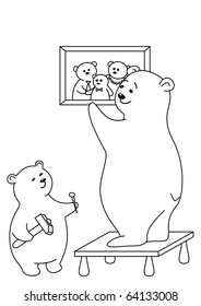 Teddy-bears: father and the son attach a picture on a wall, contours