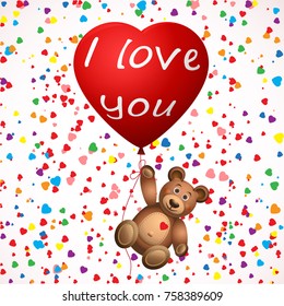 Teddy,bear.Valentines,Merry Christmas,New Year,Birthday 3d heart shaped balloons on pop art pattern ,hearts colors of the rainbow,text Flying for Party,Celebrations with Cartoon Cute teddy bear.Vector