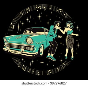 Teddyboy and a rockabilly pinup chick dancing in front of a hotrod