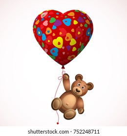 Teddy.Valentines,Merry Christmas,New Year,Birthday 3d heart shaped balloons with pop art pattern with hearts in colors of the rainbow Flying for Party,Celebrations with Cartoon Cute teddy bear.Vector