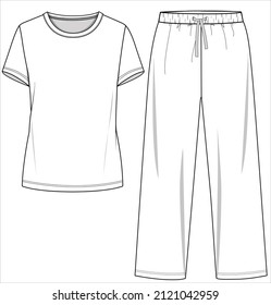 TEE AND AJAMA FLAT SKETCH OF
NIGHTWEAR SET FOR WOMEN AND TEENN GIRLS IN EDITABLE VECTOR FILE