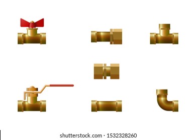 Tee, angle and valve. Plastic tube fitting. Vector illustration.