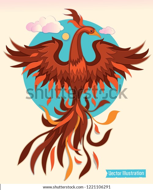 Tee graphics design, t shirt print -\
phoenix.  Stickers design, banner and poster elements. Japanese\
tatto phoenix in clouds. Paper cut style. Layered paper art with\
shadows. Vector\
illustration
