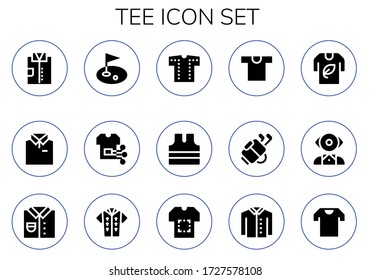 tee icon set. 15 filled tee icons. Included Shirt, Golf, Sleeveless shirt, Tshirt, Mentalist icons