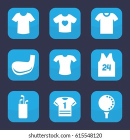 Tee icon. set of 9 filled tee icons such as T-shirt, t-shirt with heart, golf ball