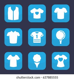 Tee icon. set of 9 filled tee icons such as t-shirt, sleeveless shirt, golf ball
