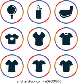 Tee icons set. set of 9 tee filled icons such as shirt, T-shirt, golf ball, golf stick