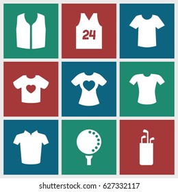 Tee icons set. set of 9 tee filled icons such as T-shirt, sleeveless shirt, golf ball
