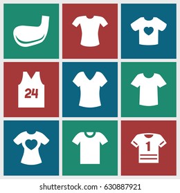 Tee icons set. set of 9 tee filled icons such as shirt