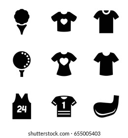 Tee icons set. set of 9 tee filled icons such as t-shirt, t-shirt with heart, golf ball