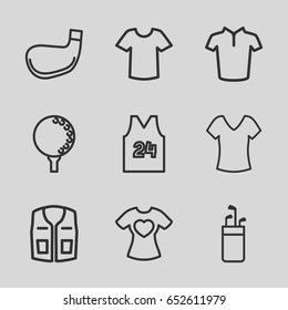 Tee icons set. set of 9 tee outline icons such as shirt, t-shirt, golf ball, golf stick