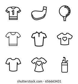 Tee icons set. set of 9 tee outline icons such as t-shirt, t-shirt with heart, t-shirt, golf ball, golf stick
