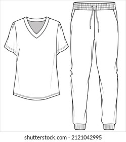 TEE AND JOGGERS FLAT SKETCH OF
NIGHTWEAR SET FOR WOMEN AND TEENN GIRLS IN EDITABLE VECTOR FILE