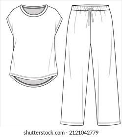 TEE AND PAJAM FLAT SKETCH OF
NIGHTWEAR SET FOR WOMEN AND TEENN GIRLS IN EDITABLE VECTOR FILE