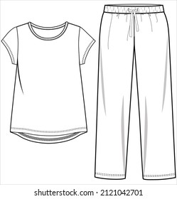 TEE AND PAJAMA FLAT SKETCH OF NIGHTWEAR SET FOR WOMEN AND TEEN GIRLS IN EDITABLE VECTOR FILE