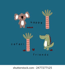 tee pattern design for baby boy fashion with cute koala and alligator drawing