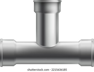 Tee pipe mockup. Metal plumbing realistic tube isolated on white background