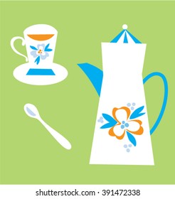 Tee pot and cup set. Vector illustration.