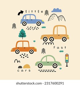 tee print design for baby fashion as vector with colorful cars drawing