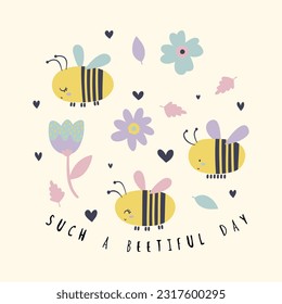 tee print design for baby fashion as vector with cute bee drawing and flowers