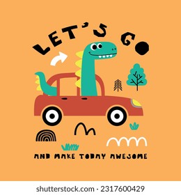 tee print design for baby fashion as vector with cute driver dinosaur drawing