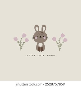 tee print design for baby girl fashion with cute bunny and romantic flower drawing