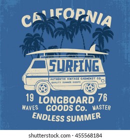 tee print design with car illustration and palms with grunge texture