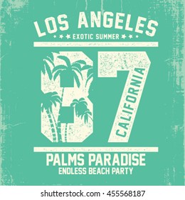 tee print design with college typo, palm tree and old texture