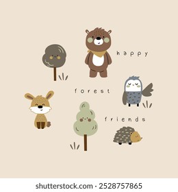 tee print design with cute bear, bunny, hedgehog, owl and tree drawing as vector for kids fashion