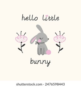 tee print design with cute bunny cartoon drawing for baby fashion as vector