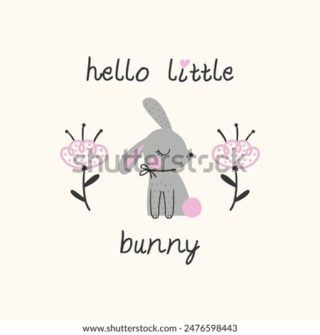 tee print design with cute bunny cartoon drawing for baby fashion as vector