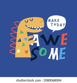 tee print design with cute dinosaur head drawn as vector for baby market