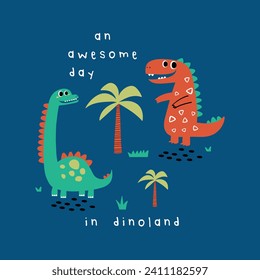 tee print design with cute dinosaurs drawing as vector for baby fashion