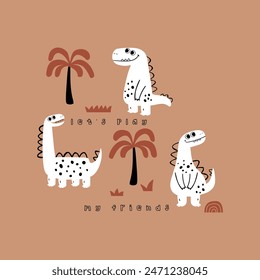 tee print  design  with cute dinosaurs and tree drawing for baby fashion as vector