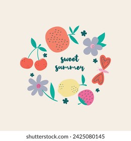 diseño de impresión de camiseta con frutas lindas, mariposa y flores dibujando como vector