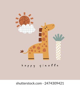 T-Print Design mit niedlicher Giraffe , Sonne, Wolke, Baumzeichnung als Vektorgrafik