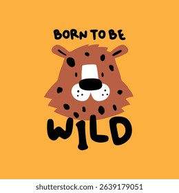 tee print design with cute leopard head drawing as vector
