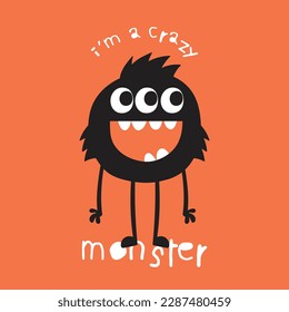 tee print design with cute monster drawing as vector for kids fashion