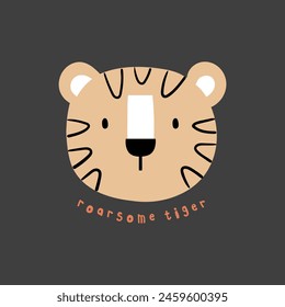 tee print design with cute tiger head cartoon drawing as vector